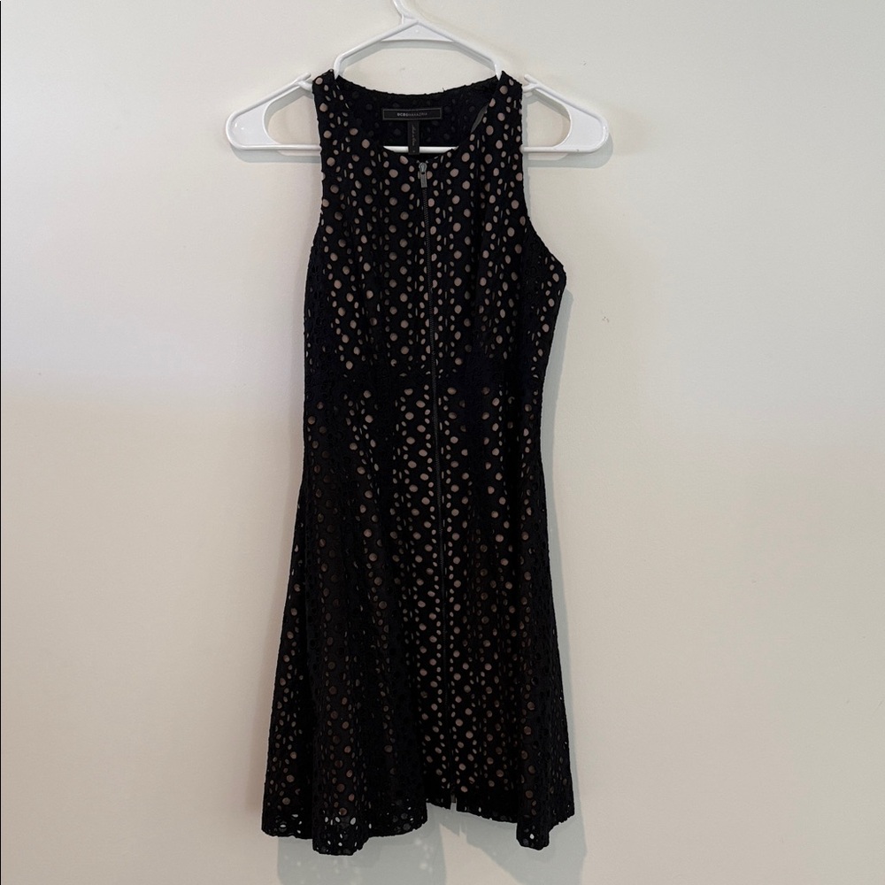 BCBG Maxazria Black Cotton Eyelet Zip Front Dress